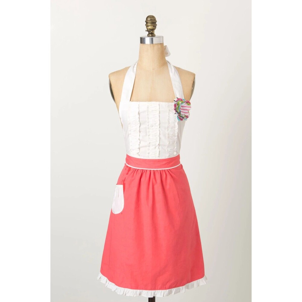 Rare Anthropologie Tea & Crumpets Red / Pink & White Hostess Apron Pocket Ruffle